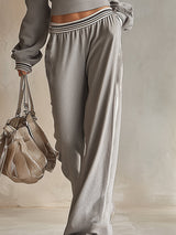 Trendy Retro Sporty Gray Off-shoulder Sweatshirt And Wide-leg Pants Set