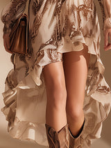 Elegant And Flowing V-Neck Brown Snake Print White Chiffon Midi Dress