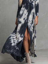Vintage Western Flowing V-neck Front Button Black And White Tie-dye Pattern Cotton Slits Dress