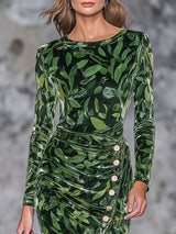 Retro Leaf Print Velvet Round Neck Side Slit Long Sleeve Midi Dress