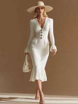 Stylish And Elegant White V-neck Knitted Button-down Midi Dress
