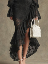 Fashionable Retro Long-sleeved Black Lace Ruffled Slit Maxi Dress