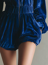 Elegant And Stylish Royal Blue Velvet Collared Front Zip-up Shorts Jumpsuit