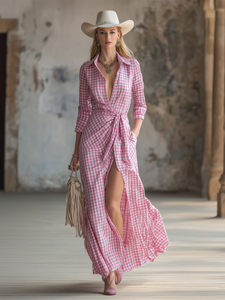 Pink Checkered Wrap Maxi Dress