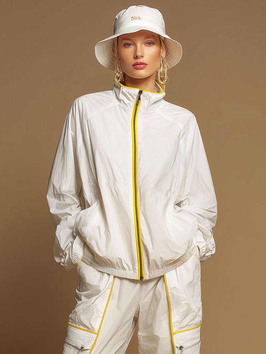 Outdoor Sports Yellow Striped White Sun Protection Top And Cargo Pants Set