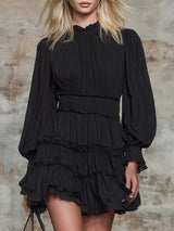 Elegant Black Round-neckWith Ruffled Trim Mini Dress
