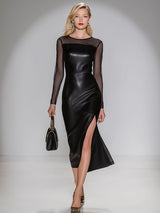 Stylish And Sexy Sheer-sleeved Black Faux Leather Midi Dress