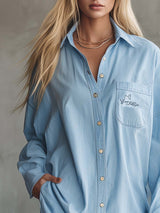 Relaxed Casual Versatile Front Button Light Blue Denim Shirt-style Mini Dress