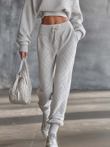 Fashion Breathable Sports Diamond-shaped Openwork Pattern Light Gray Knitted Top And Pants