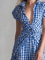 Stylish Urban Blue Checkered Lapel Short-sleeved Maxi Dress