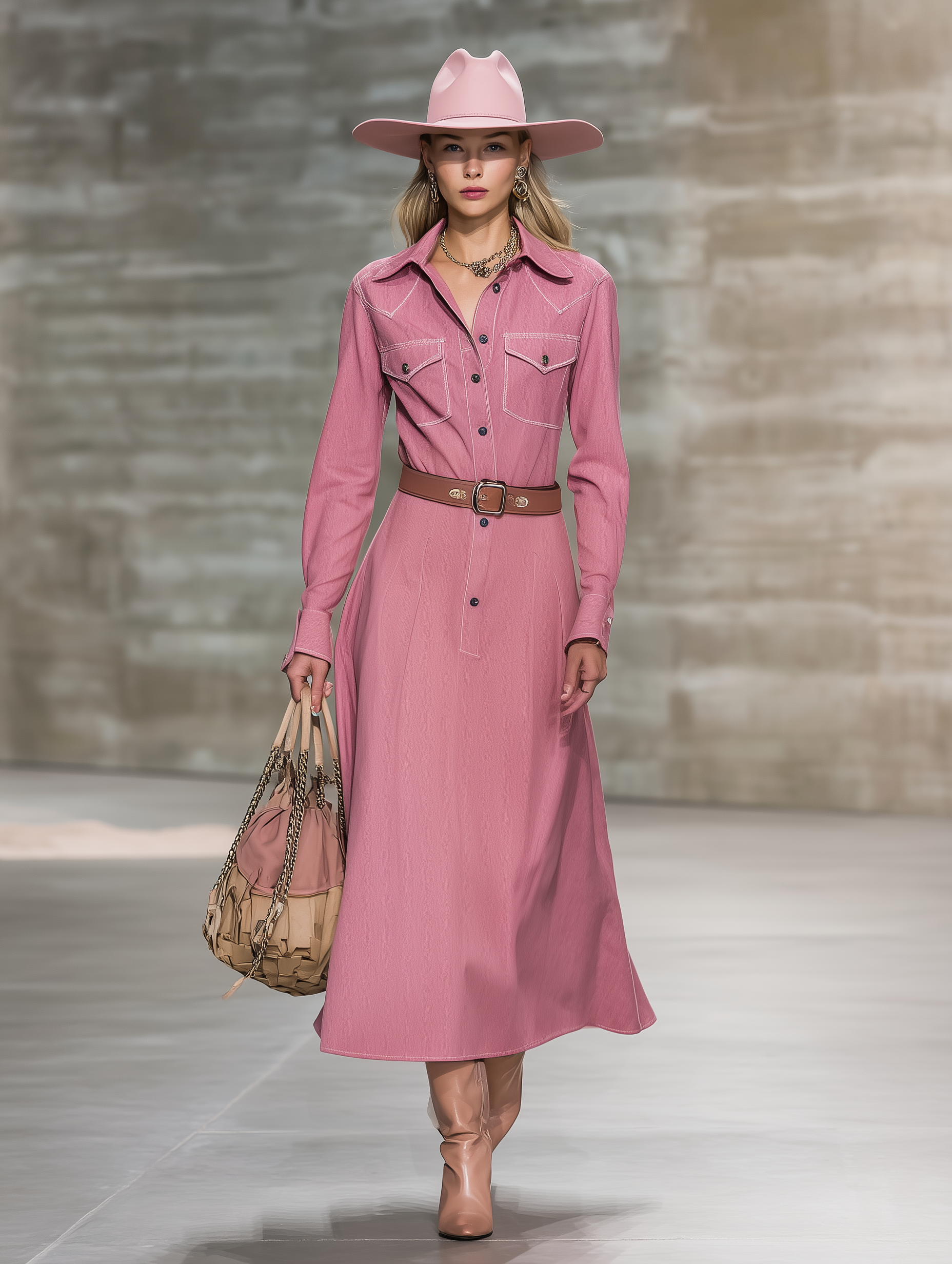 Retro Pink Denim Button White Stitching Maxi Dress