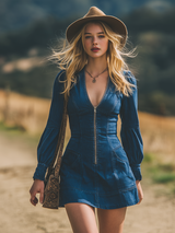 Retro Western Style Zippered V-neck Mini Denim Dress