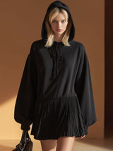 Stylish And Casual Black Cotton And Chiffon Patchwork Hooded Mini Dress