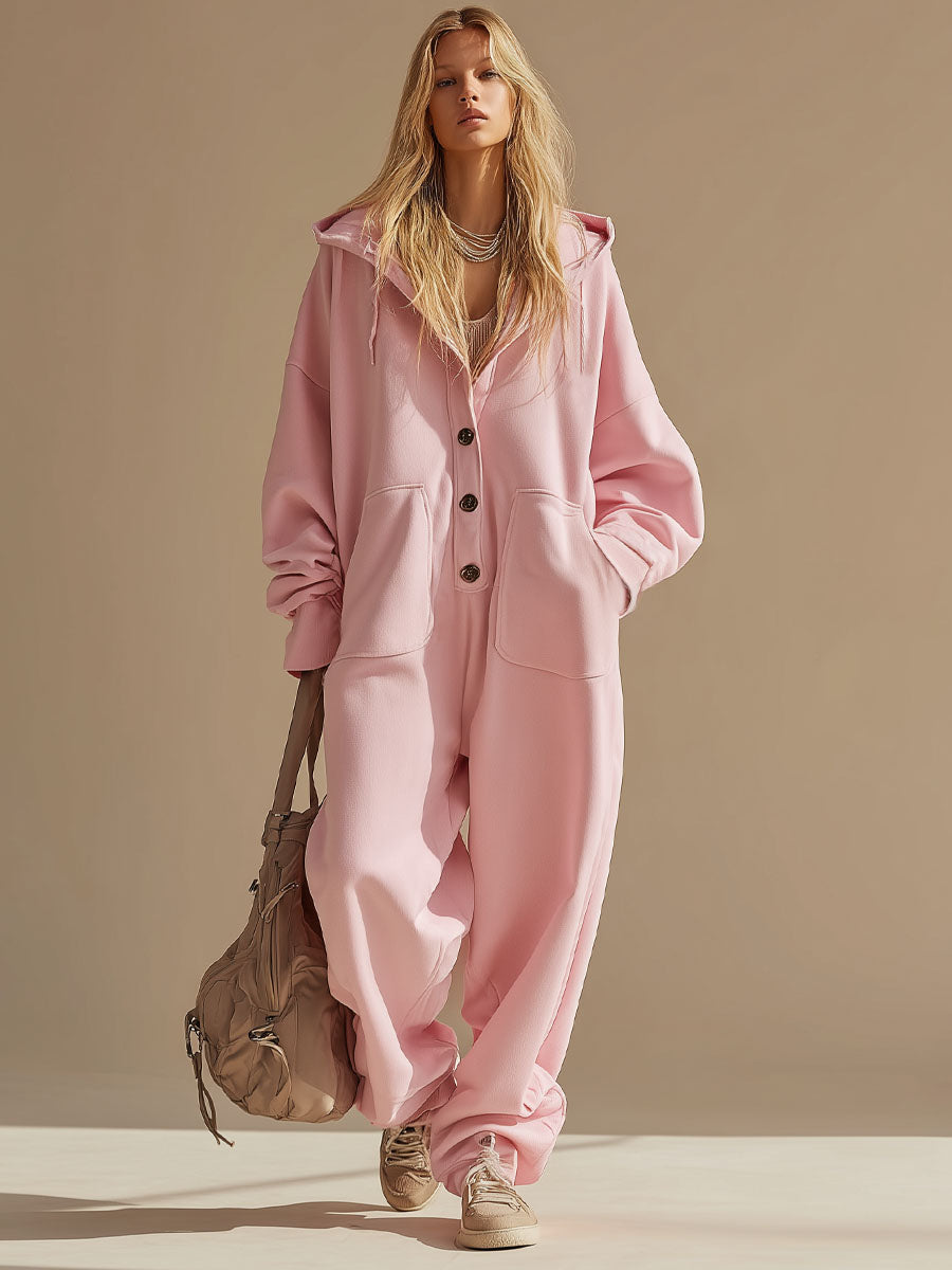 Loose-fitting Button-up Double-pocket Hooded Jumpsuit
