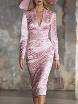 Stylish Pink Satin Zebra Print Long-sleeved Midi Dress