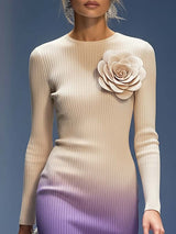 Elegant Three-dimensional Floral Decoration Beige And Purple Knitted Midi Dress