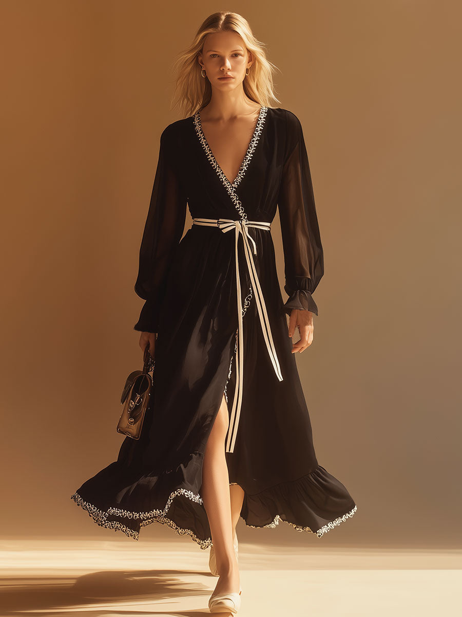 Vintage Lace-Trimmed Black Chiffon V-Neck Midi Dress