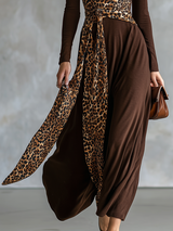 Retro Leopard Print Patchwork Long-sleeved Midi Dress
