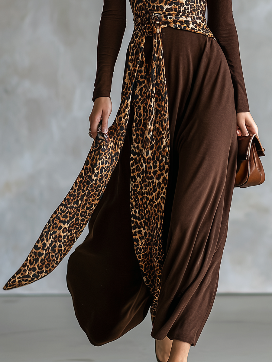 Retro Leopard Print Patchwork Long-sleeved Midi Dress