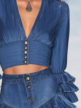 Stylish Retro Ruffle Trim V-neck Denim Shirt