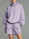 Sporty Retro Light Purple Outdoor Hooded Sun Protection Shirt And Shorts Set