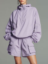 Sporty Retro Light Purple Outdoor Hooded Sun Protection Shirt And Shorts Set
