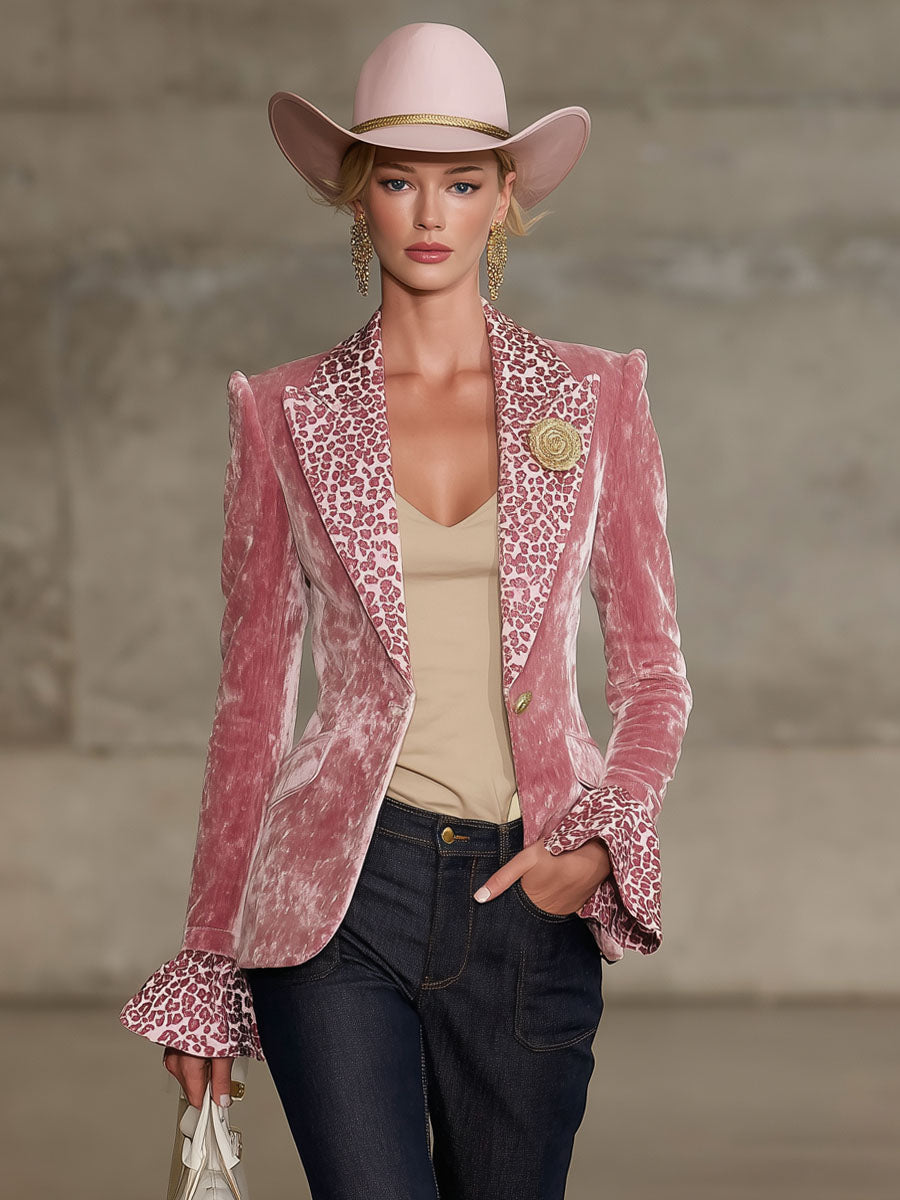 Lapel Contrast Leopard Print Velvet Blazer
