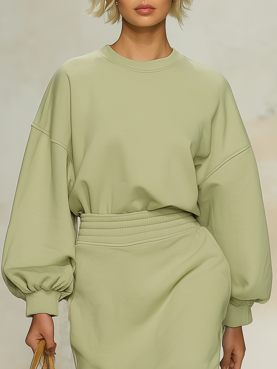 Comfortable And Casual Round-neck Long-sleeved Top And Ruffled Skirt Set