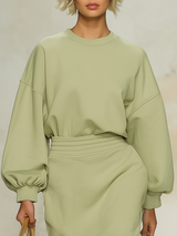 Comfortable And Casual Round-neck Long-sleeved Top And Ruffled Skirt Set