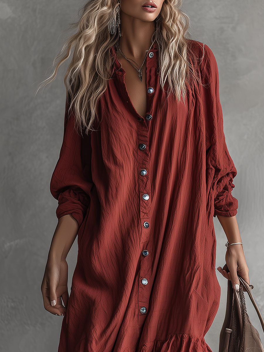 Vintage Western-style Ruffled Red Shirt Maxi Dress