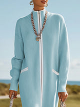 Sporty And Stylish White-trimmed Blue Knit Maxi Dress