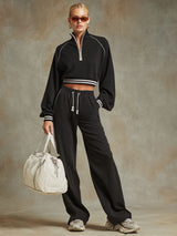Sporty Retro Striped Black Cotton Long-Sleeve Sweatshirt And Wide-Leg Pants Set