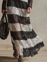 Chic Retro Black And White Lace Striped Maxi Dress