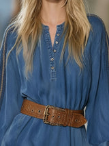 Henry Collar Button-down Contrasting Woven Trim Long-sleeved Denim Mini Dress