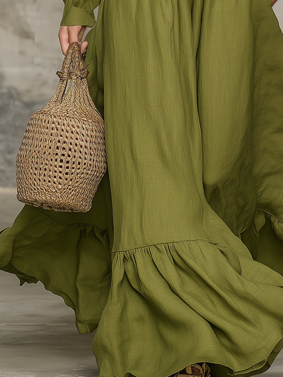 Olive Linen Zip-Front Maxi Dress