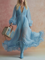 Elegant Fashion Flowing V-neck Front Zipper Ruffled Hem Sky Blue Chiffon Maxi Dress