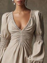 Western Retro Beige Faux Suede Long-Sleeved Pleated Mini Dress