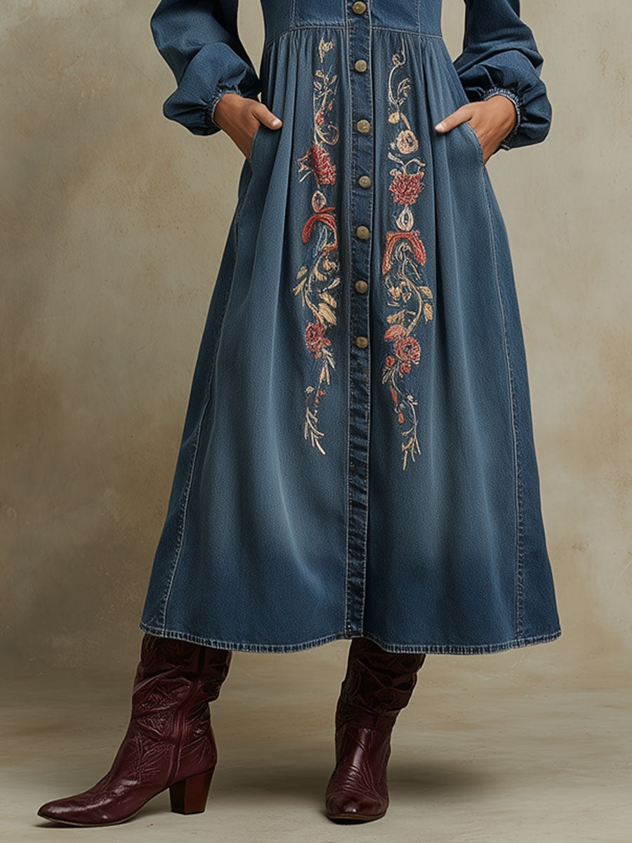 Western Retro Long-Sleeved Floral Embroidered Blue Denim Cardigan Midi Dress