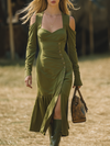 Vintage Western Style Shoulder Cutout Long Sleeve Midi Dress