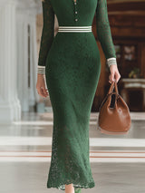 Elegant And Stylish White Lapel Green Lace Maxi Dress