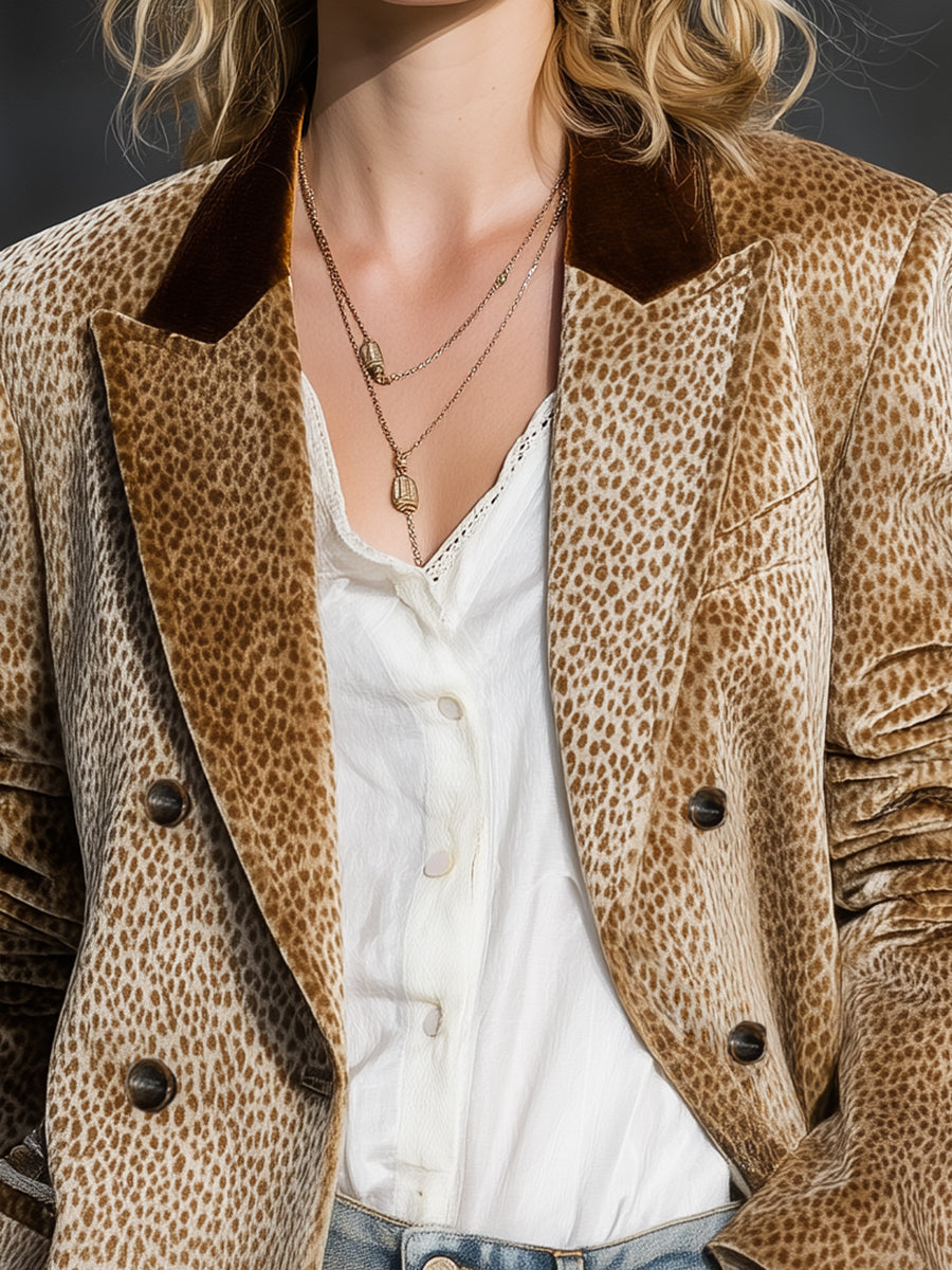 Retro And Fashionable Leopard Print Color-block Collar Velvet Blazer