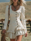 Vintage-style Round-neck Multi-button Ruffled Denim Long-sleeved Mini Dress