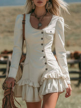 Vintage-style Round-neck Multi-button Ruffled Denim Long-sleeved Mini Dress