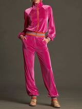 Sporty Retro Rose Red Velvet Long-Sleeve Zip-Up Sweatshirt And Sweatpants Set