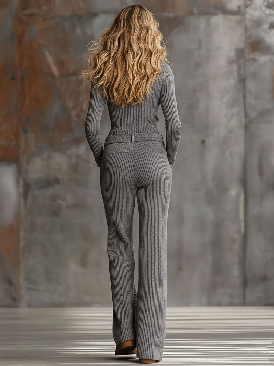 Fashionable Retro Gray Knit Half-zip Wide-leg Pants Set