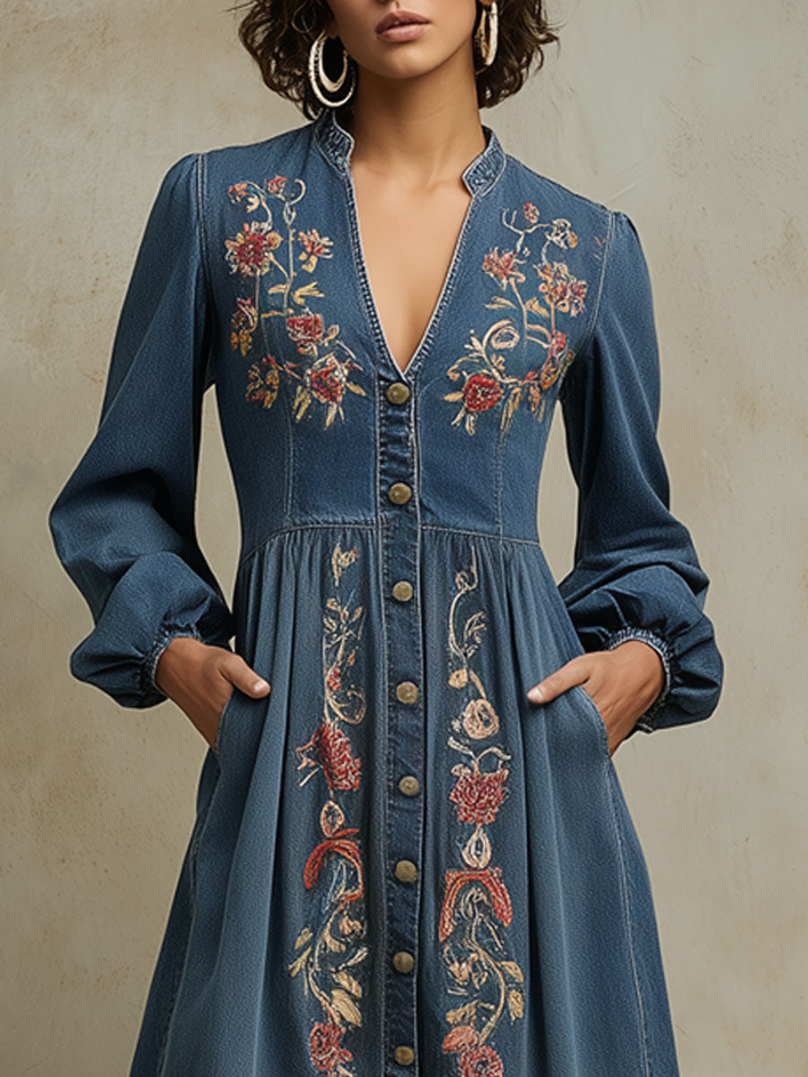 Western Retro Long-Sleeved Floral Embroidered Blue Denim Cardigan Midi Dress