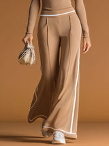 Stylish And Casual White-trimmed Brown V-neck Knit Top And Pants Set