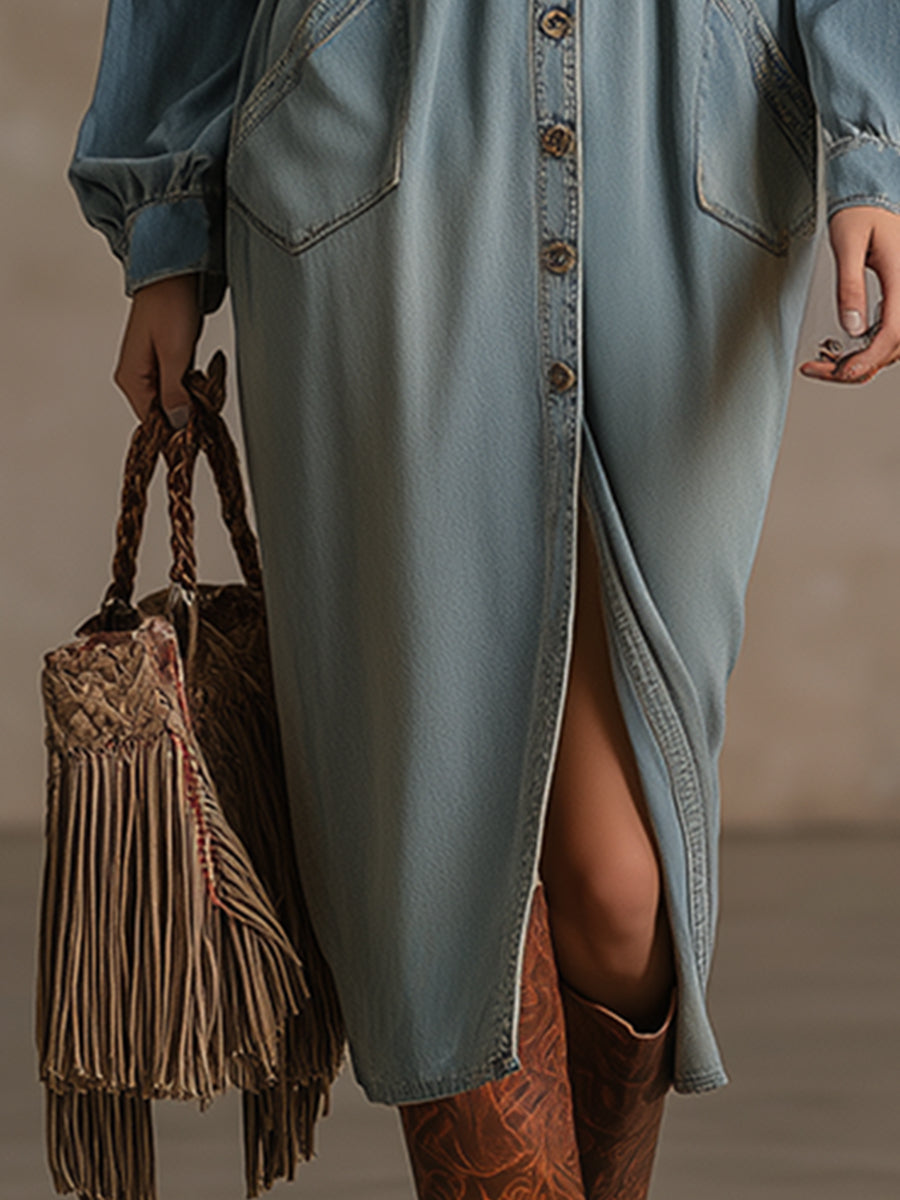 Retro Silhouette Color-blocked Blue Denim Midi Dress