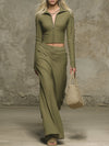 Western-style Olive Green Linen Zip-up Top And Wide-leg Pants Set