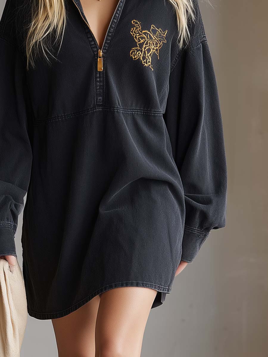 Casual Fashion Lapel Front Zipper Black Denim Mini Dress